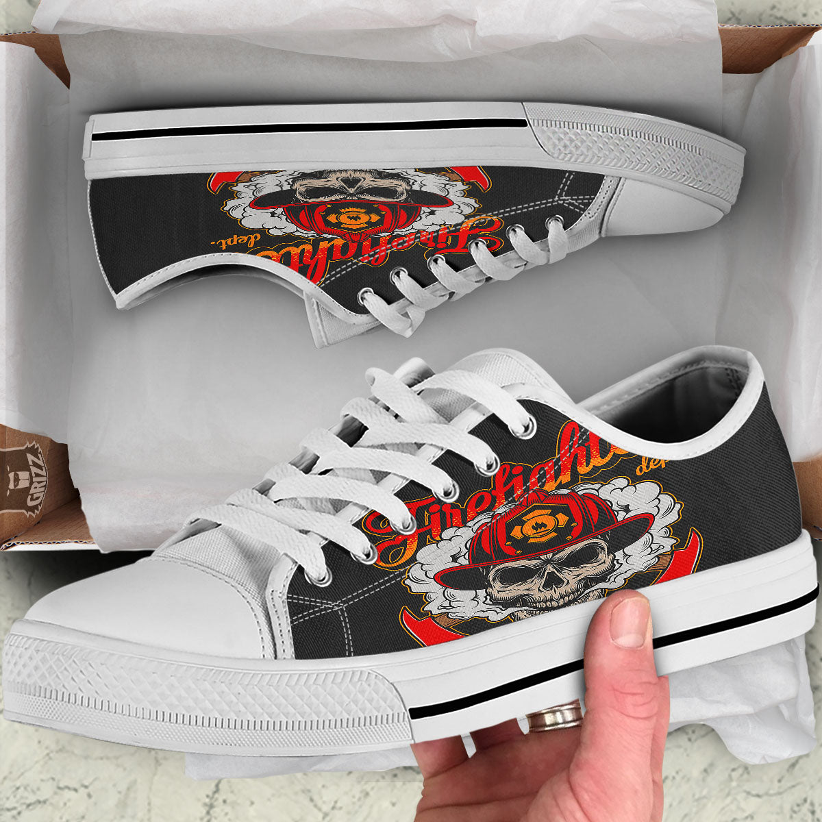 Skull Firefighter Department Print White Low Top Shoes-grizzshop
