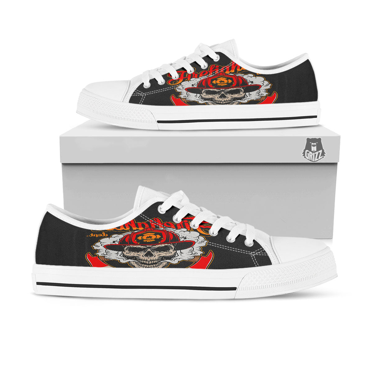 Skull Firefighter Department Print White Low Top Shoes-grizzshop