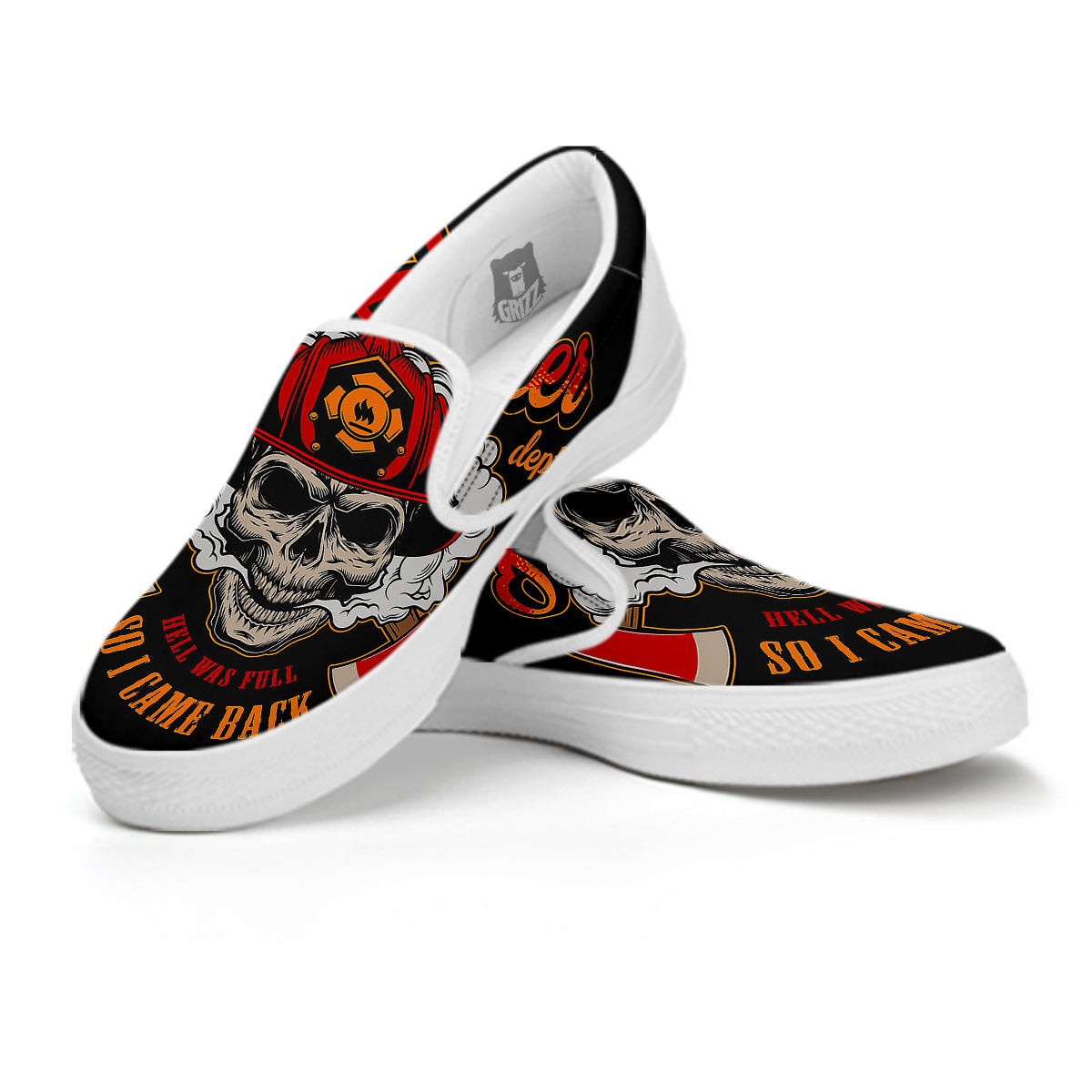 Skull Firefighter Department Print White Slip On Shoes-grizzshop