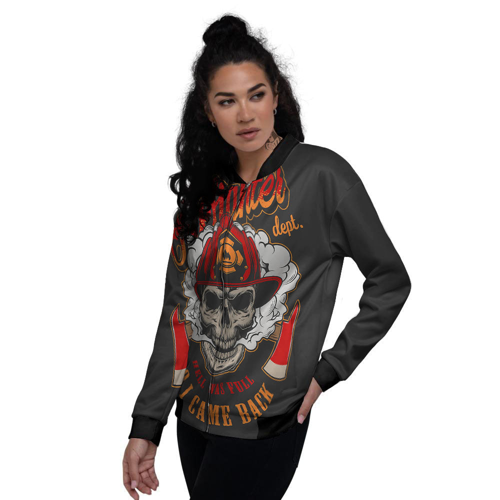 Skull Firefighter Department Print Women's Bomber Jacket-grizzshop