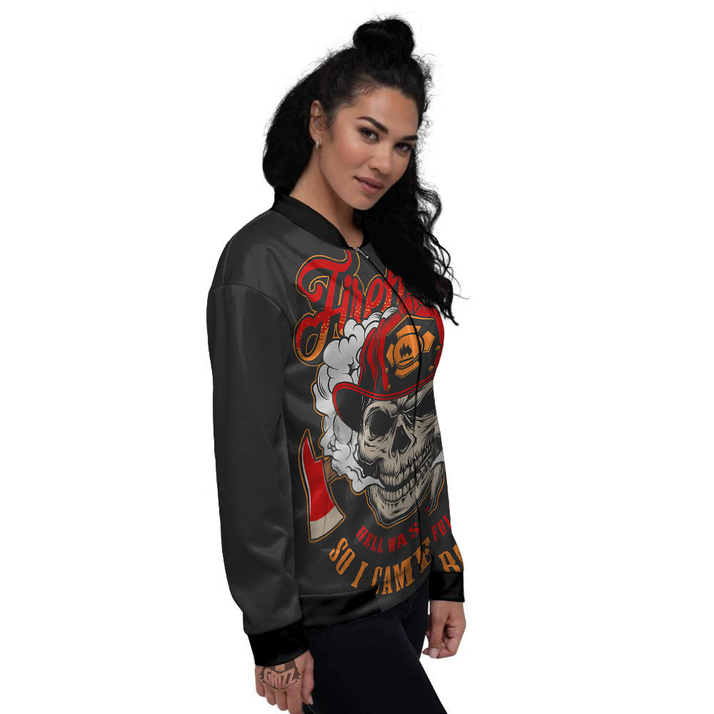 Skull Firefighter Department Print Women's Bomber Jacket-grizzshop