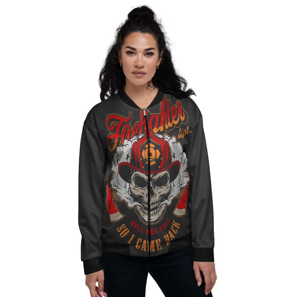 Skull Firefighter Department Print Women's Bomber Jacket-grizzshop