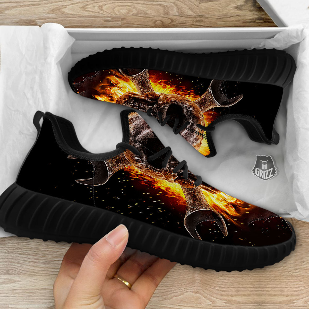 Skull Flaming And Cross Wrench Print Black Walking Shoes-grizzshop
