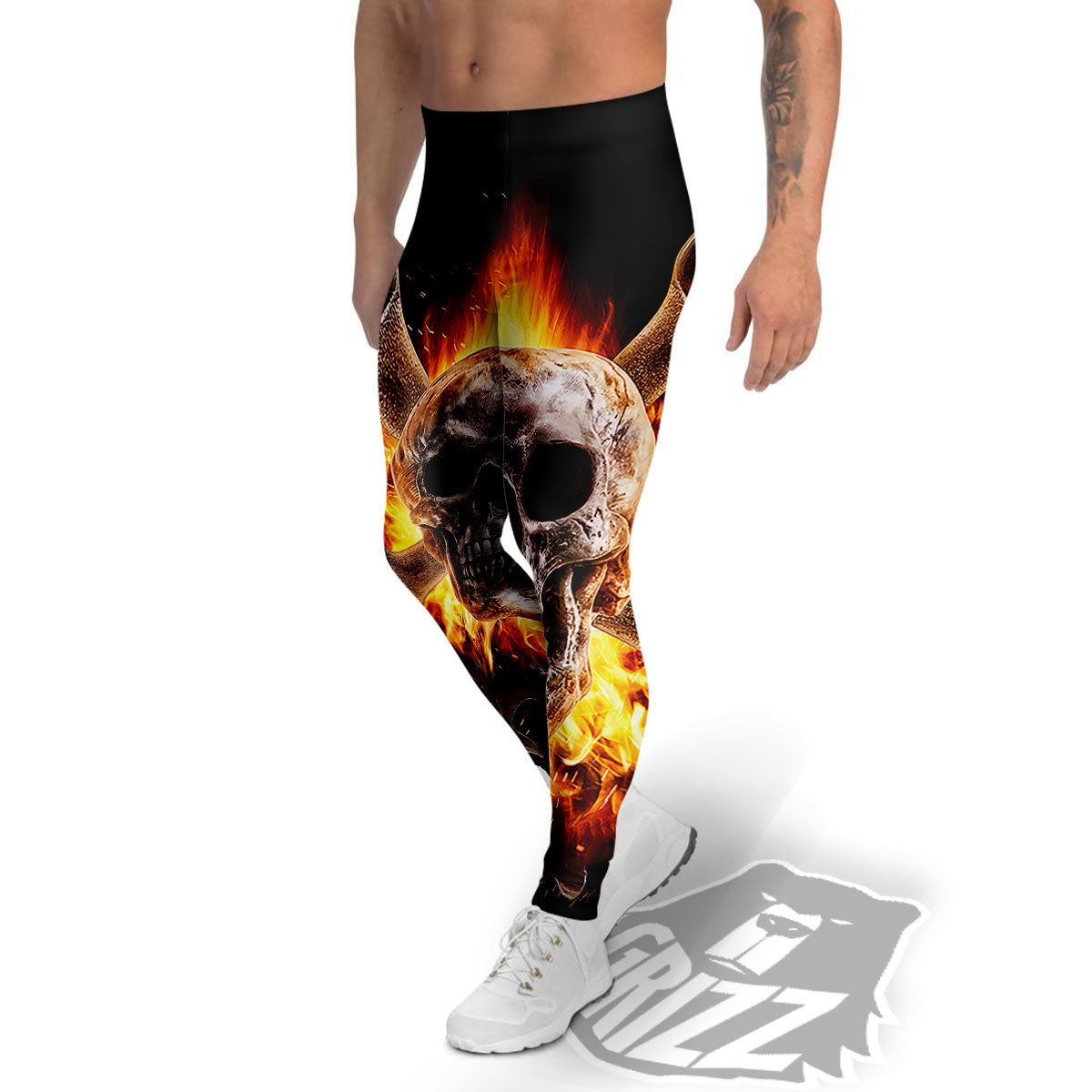 Skull Flaming And Cross Wrench Print Men's Leggings-grizzshop
