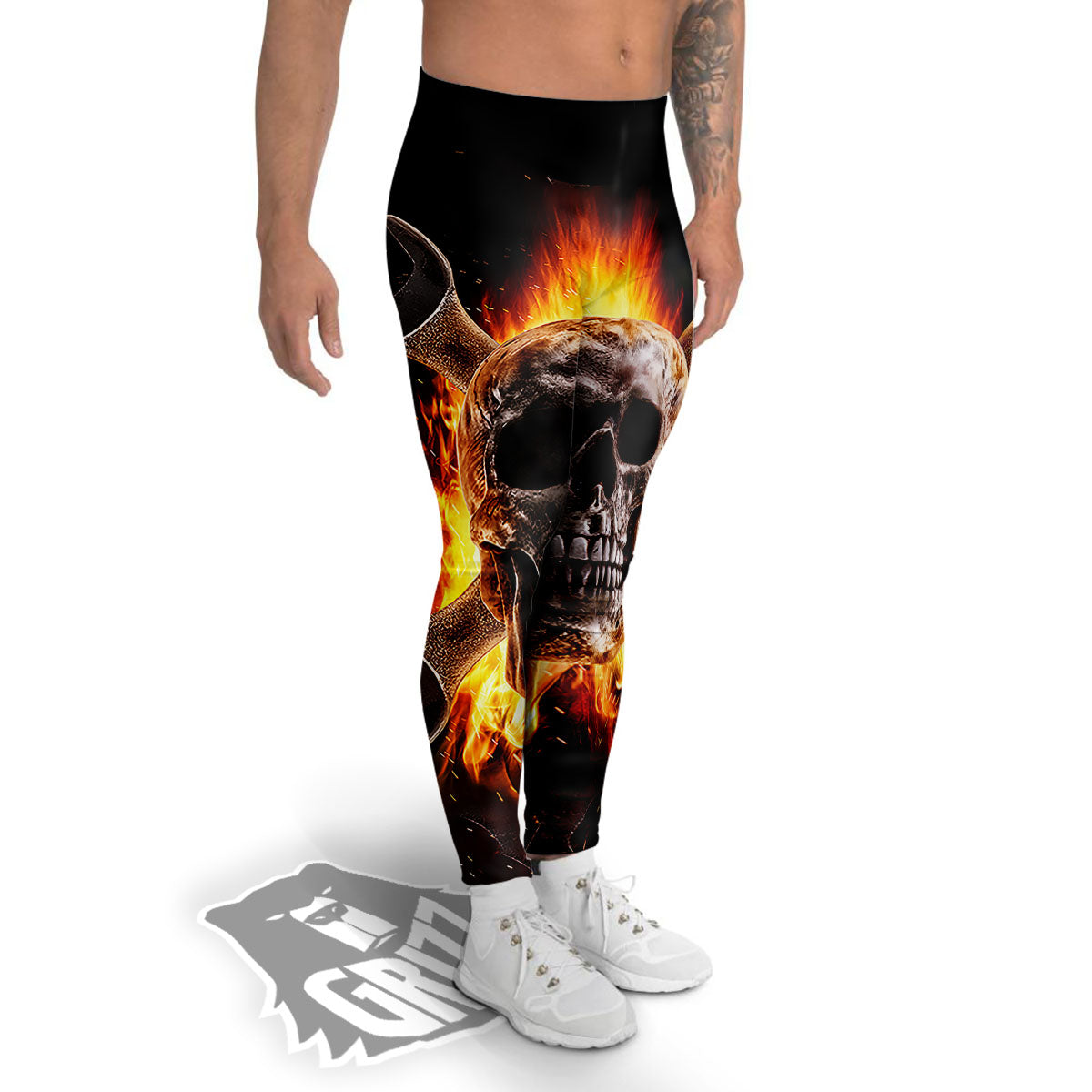 Skull Flaming And Cross Wrench Print Men's Leggings-grizzshop