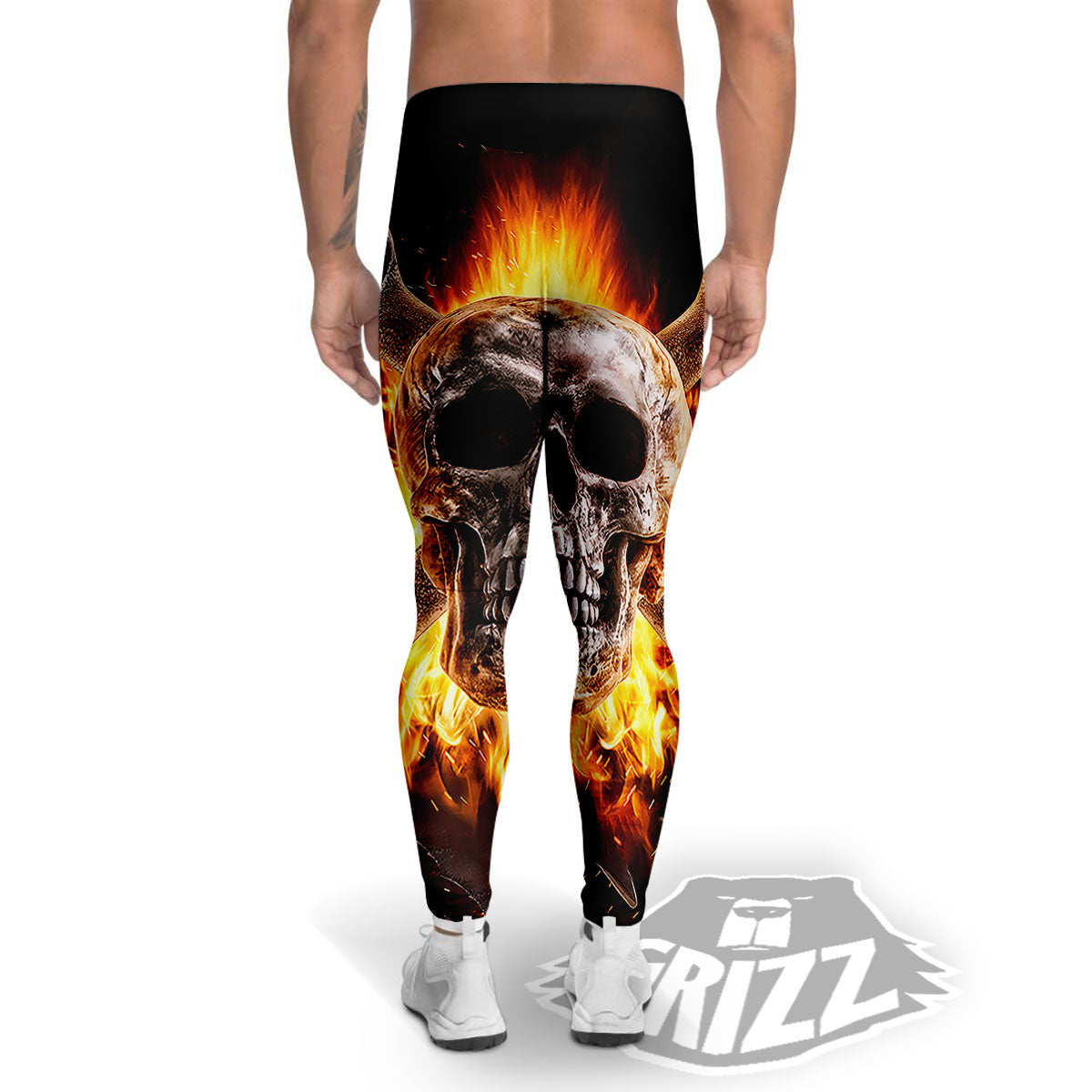 Skull Flaming And Cross Wrench Print Men's Leggings-grizzshop