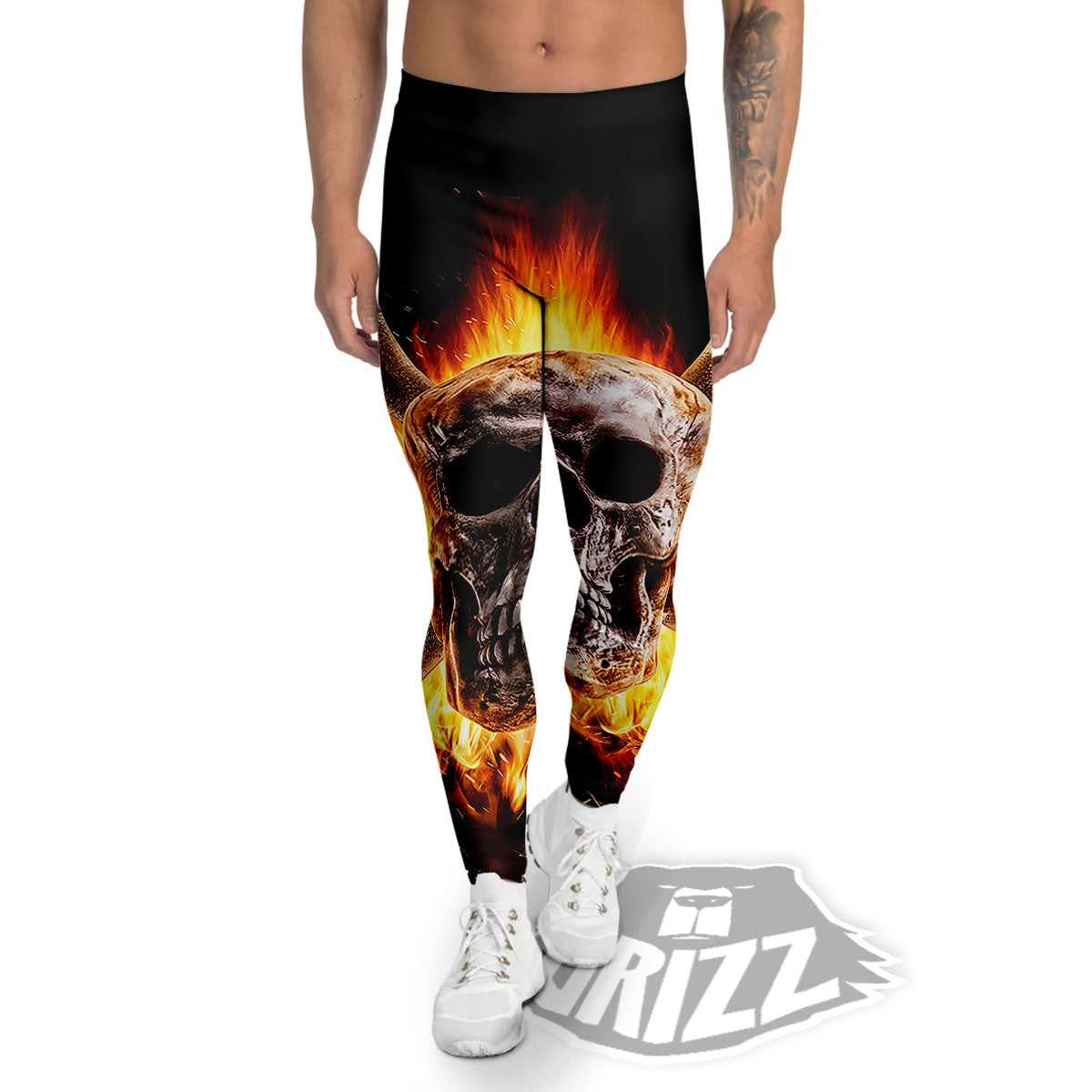 Skull Flaming And Cross Wrench Print Men's Leggings-grizzshop