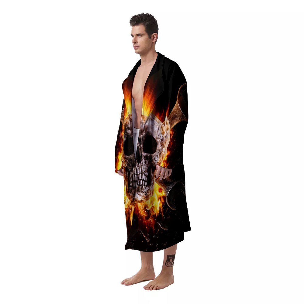 Skull Flaming And Cross Wrench Print Men's Robe-grizzshop