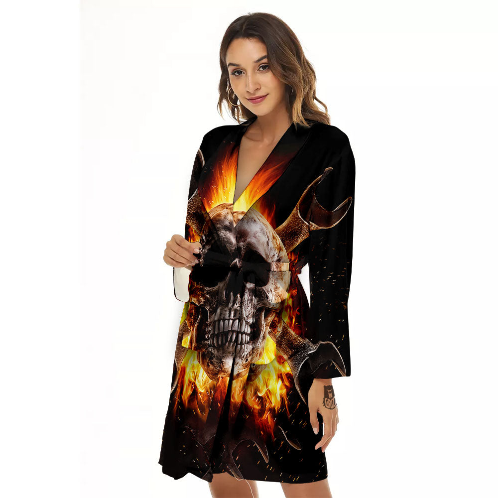 Skull Flaming And Cross Wrench Print Women's Robe-grizzshop
