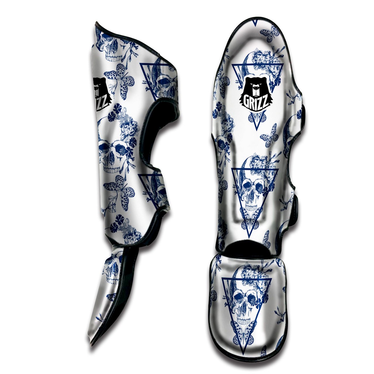 Skull Floral White And Blue Print Pattern Muay Thai Shin Guards-grizzshop