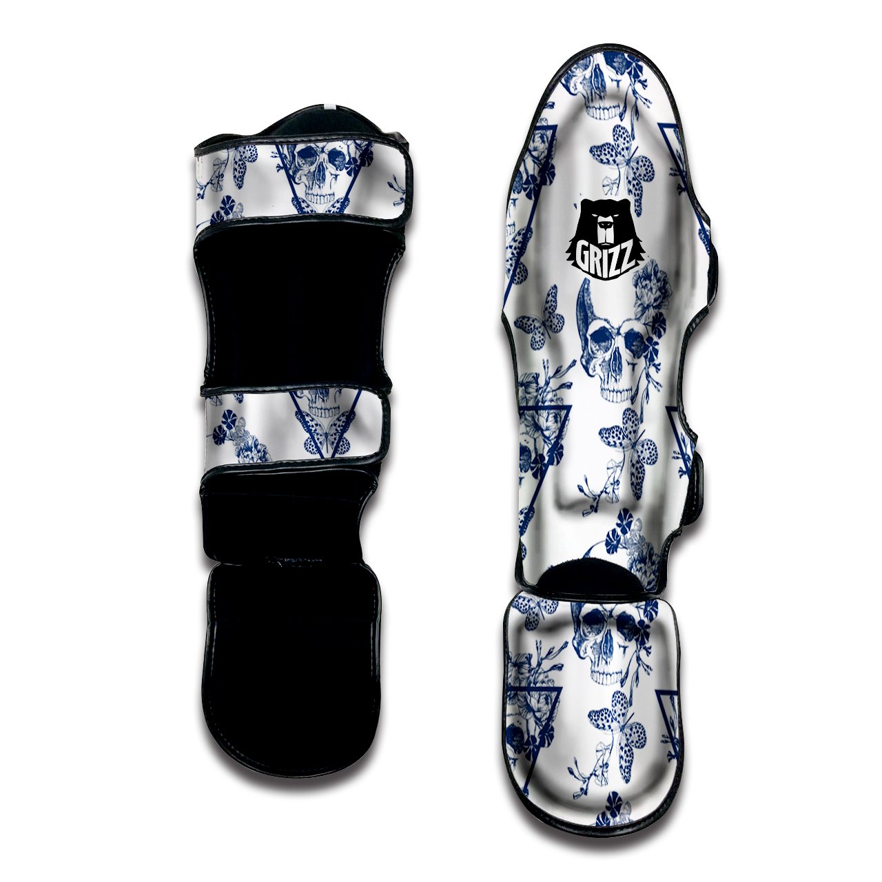 Skull Floral White And Blue Print Pattern Muay Thai Shin Guards-grizzshop