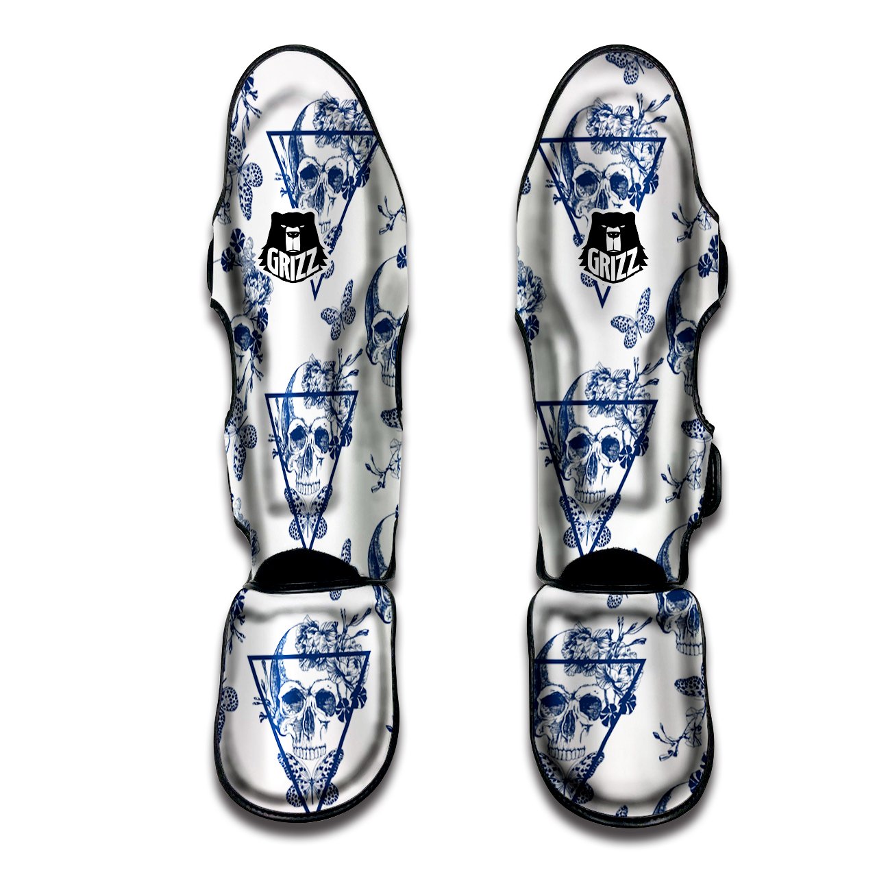 Skull Floral White And Blue Print Pattern Muay Thai Shin Guards-grizzshop