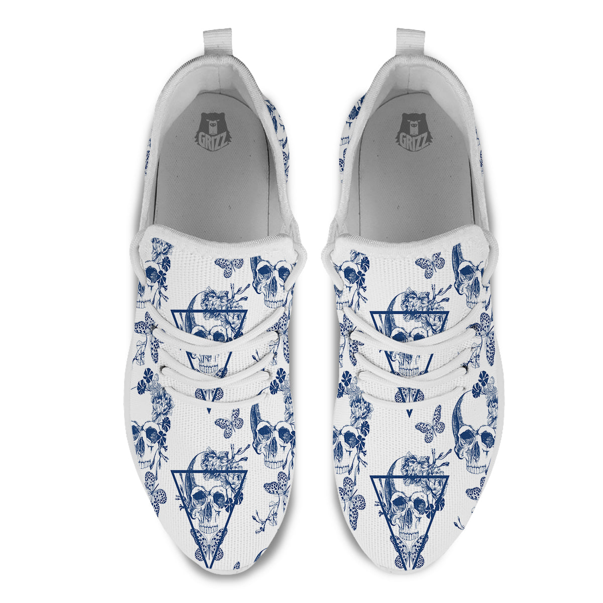 Skull Floral White And Blue Print Pattern White Athletic Shoes-grizzshop