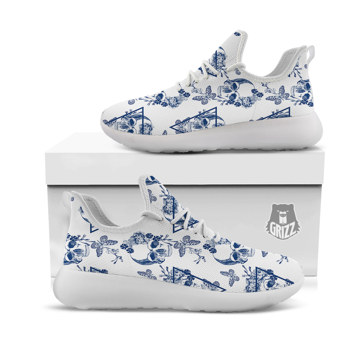 Skull Floral White And Blue Print Pattern White Athletic Shoes-grizzshop