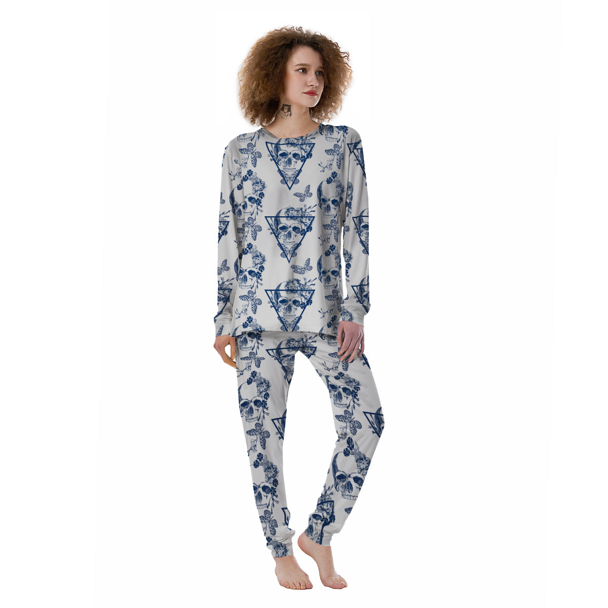 Skull Floral White And Blue Print Pattern Women's Pajamas-grizzshop