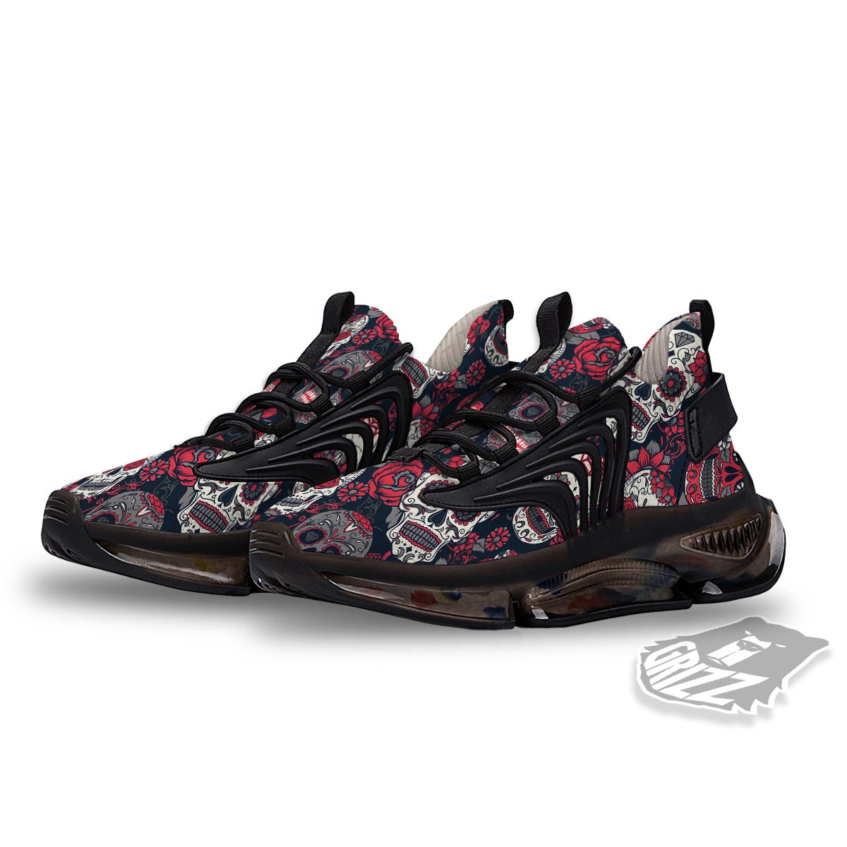 Skull Flower Red Sugar Print Pattern Black Gym Shoes-grizzshop