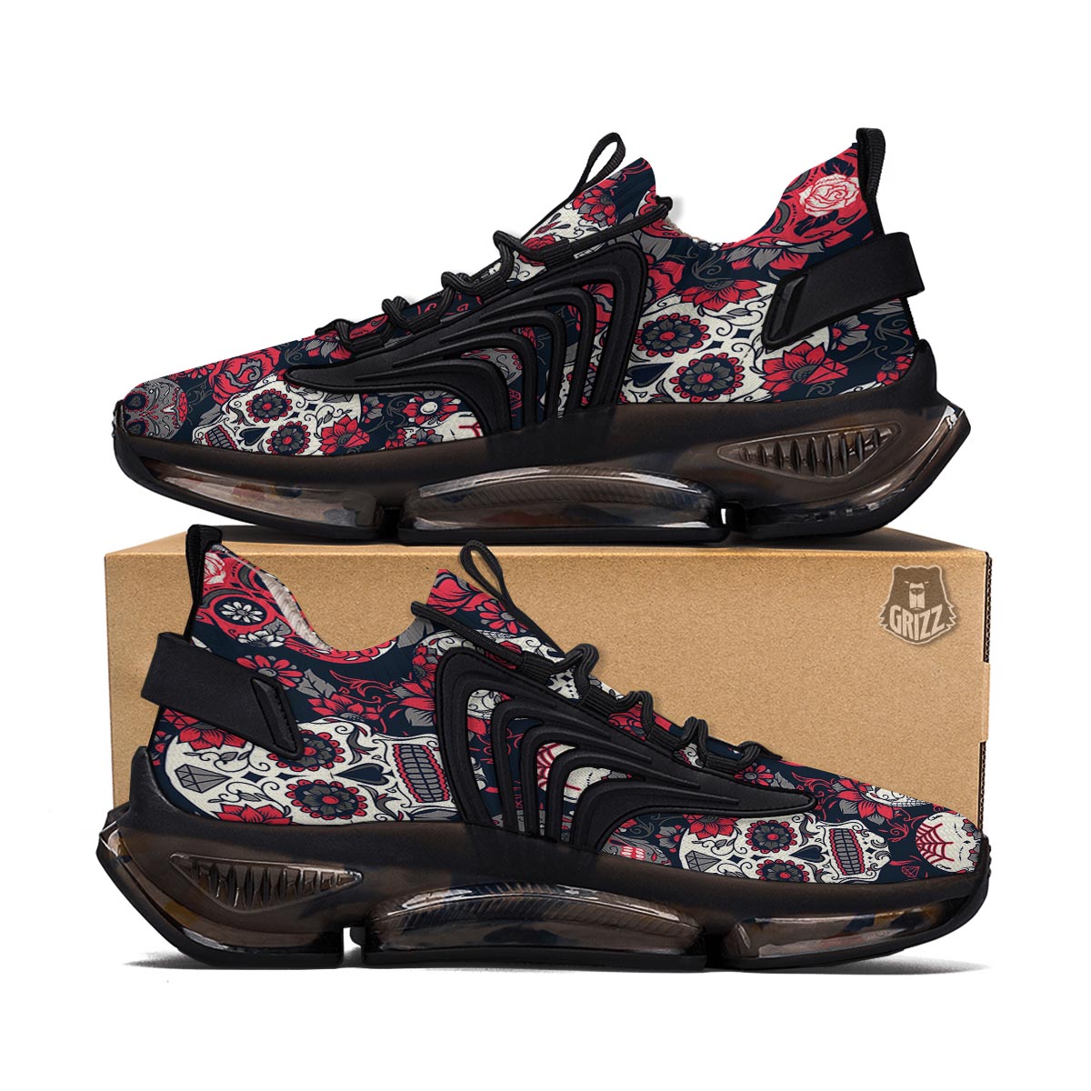 Skull Flower Red Sugar Print Pattern Black Gym Shoes-grizzshop