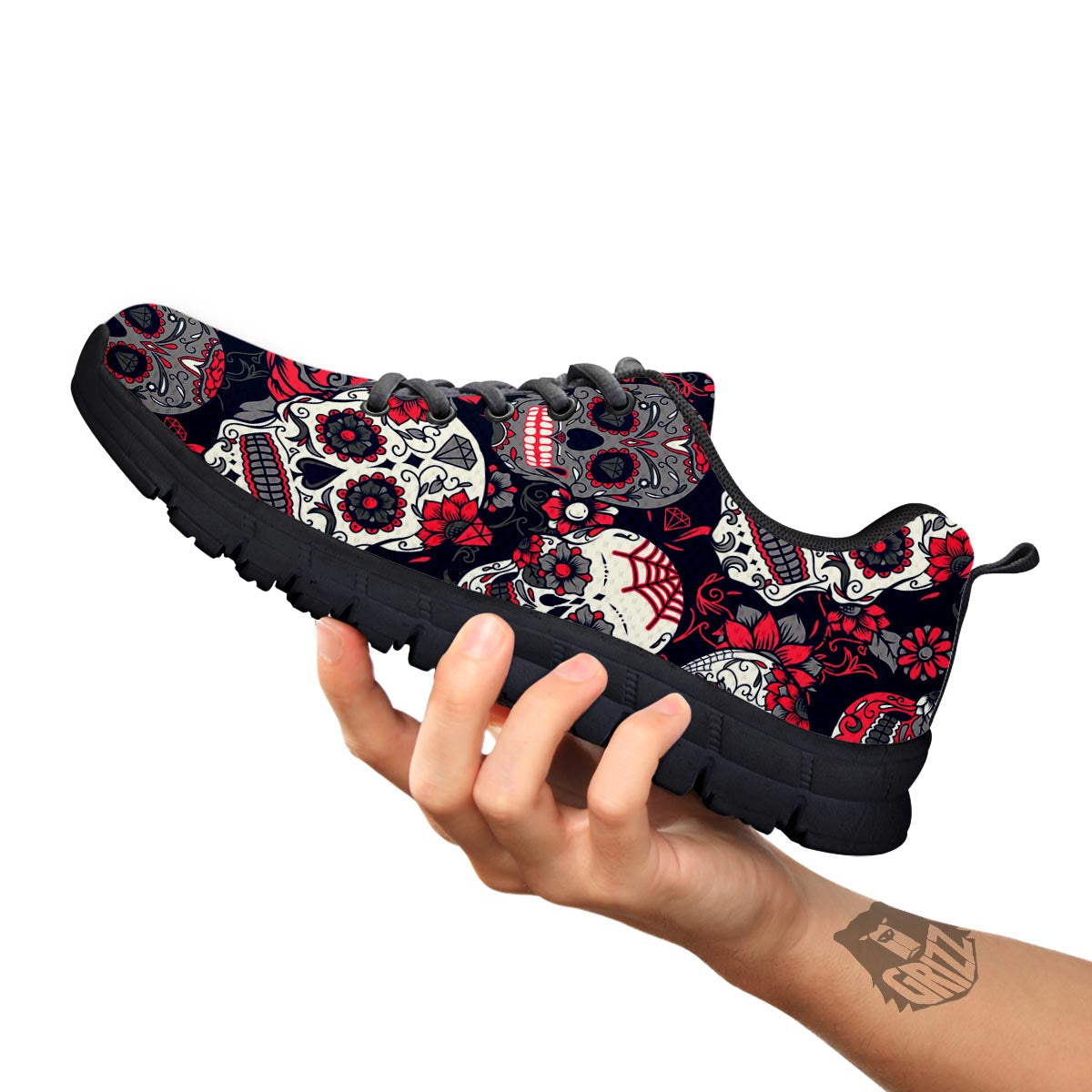 Skull Flower Red Sugar Print Pattern Black Sneaker-grizzshop