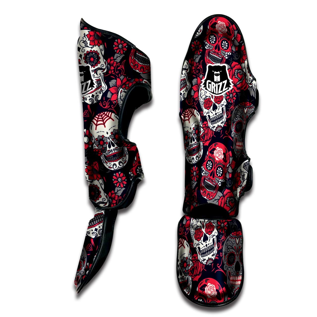 Skull Flower Red Sugar Print Pattern Muay Thai Shin Guards-grizzshop