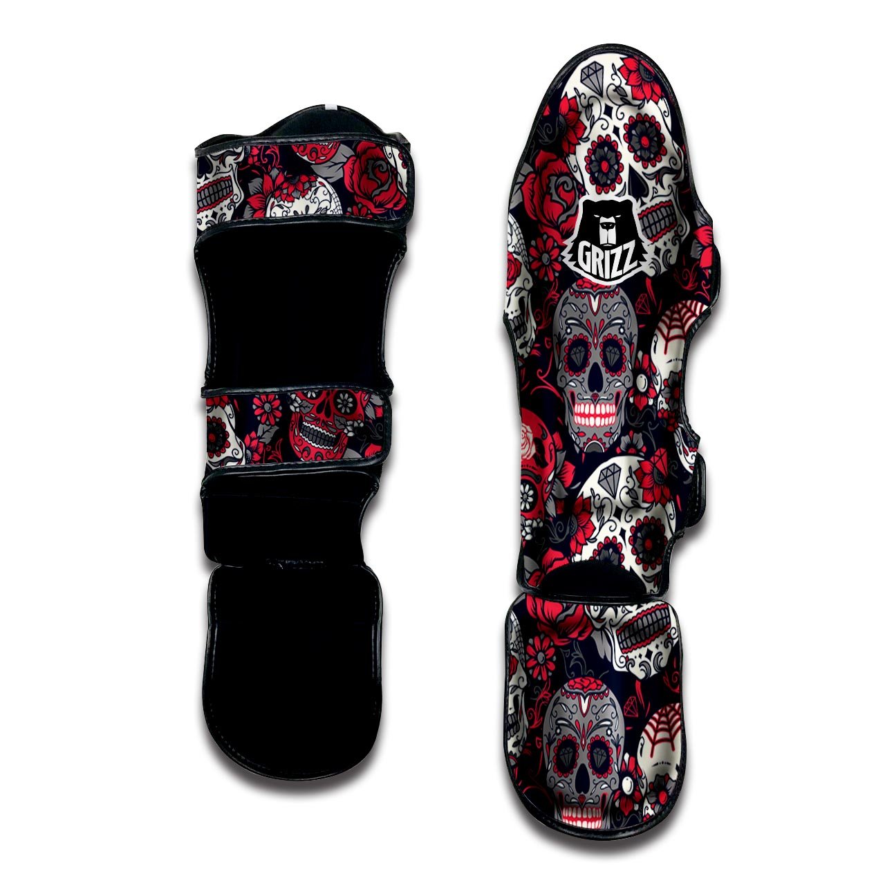 Skull Flower Red Sugar Print Pattern Muay Thai Shin Guards-grizzshop