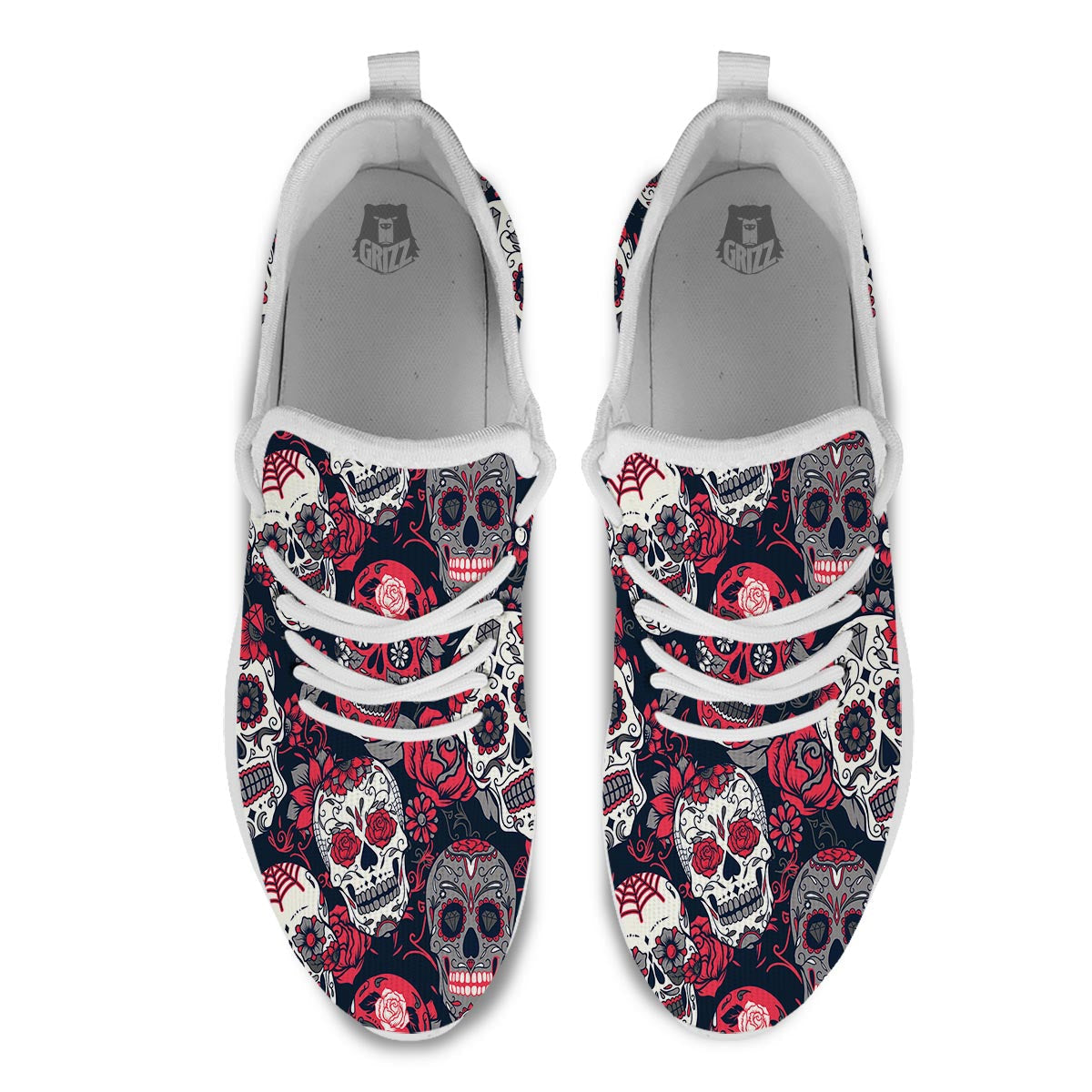 Skull Flower Red Sugar Print Pattern White Athletic Shoes-grizzshop