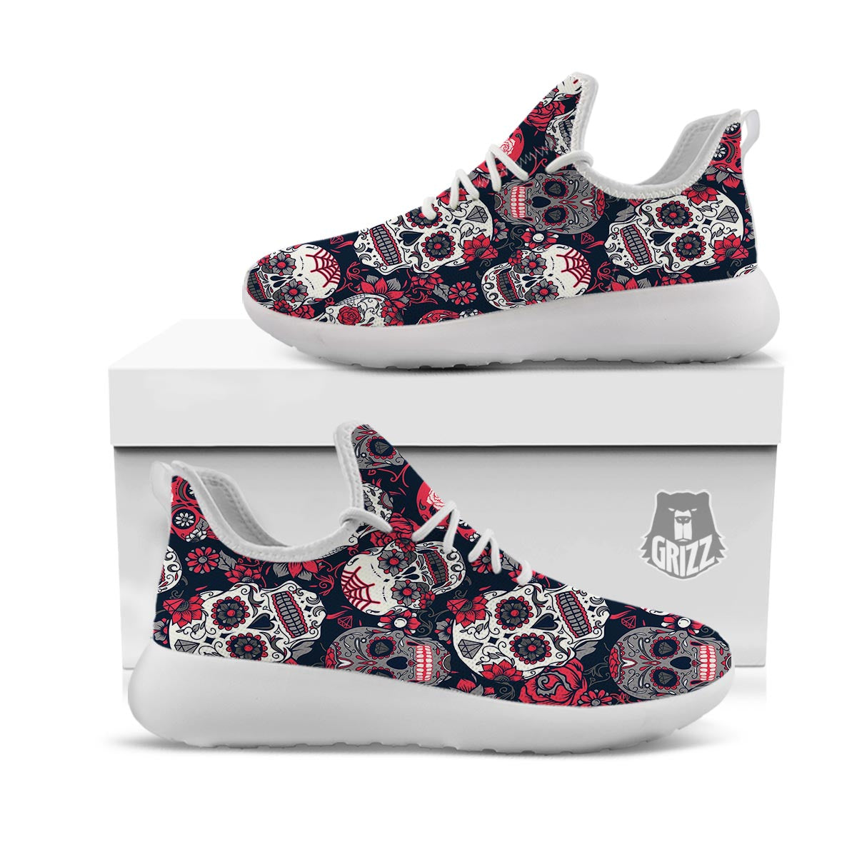 Skull Flower Red Sugar Print Pattern White Athletic Shoes-grizzshop