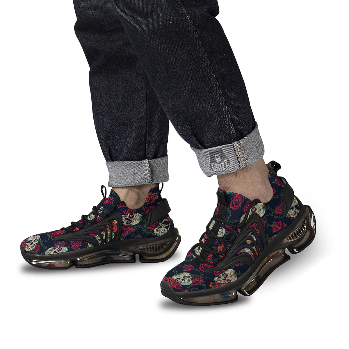 Skull Flowers Vintage Print Pattern Black Gym Shoes-grizzshop