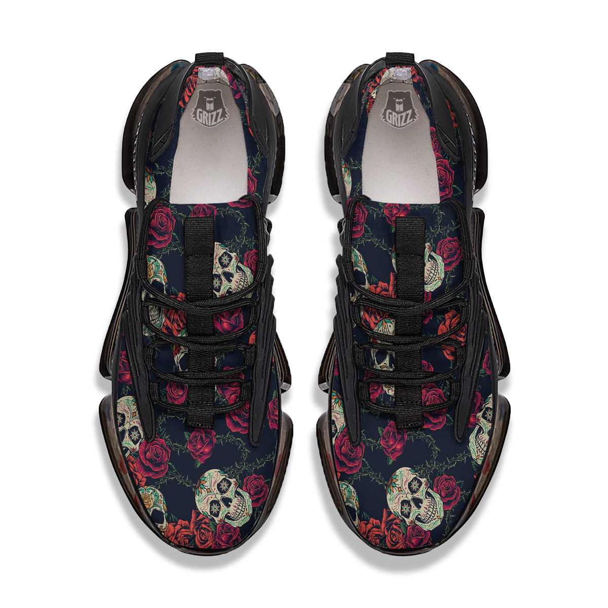 Skull Flowers Vintage Print Pattern Black Gym Shoes-grizzshop
