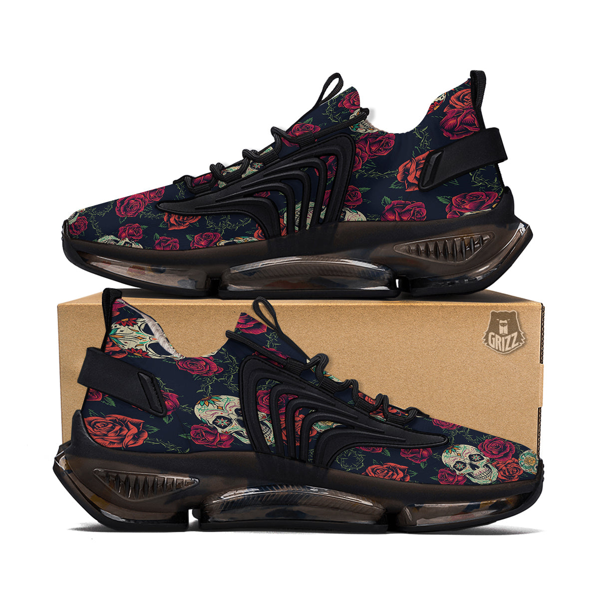Skull Flowers Vintage Print Pattern Black Gym Shoes-grizzshop
