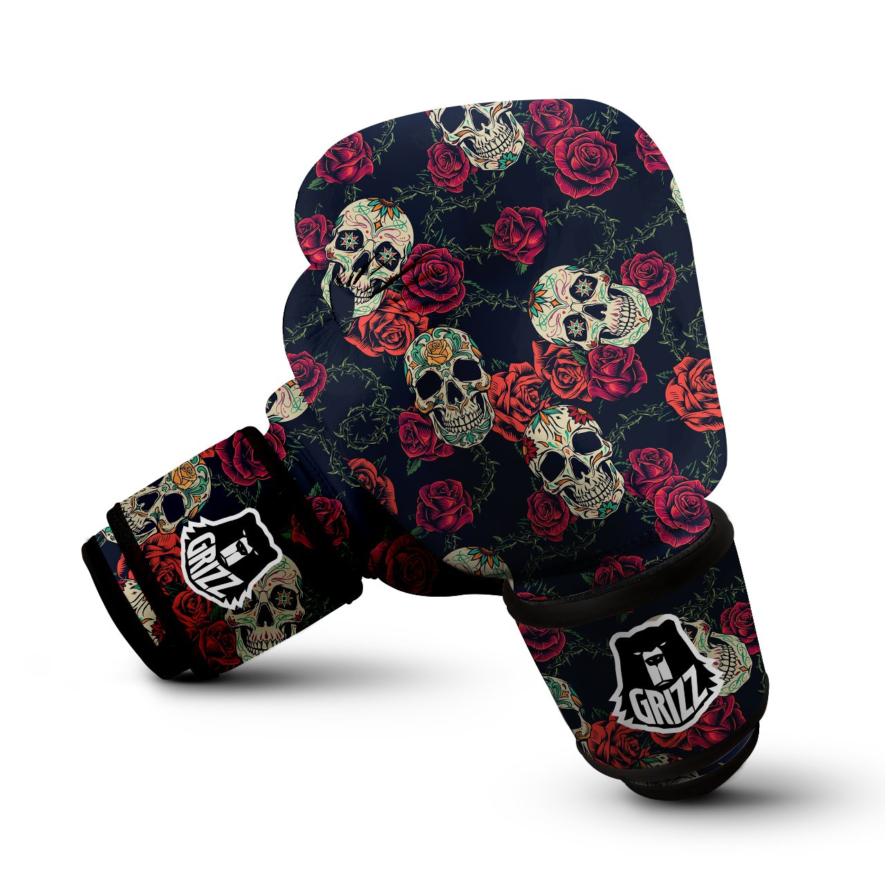 Skull Flowers Vintage Print Pattern Boxing Gloves-grizzshop