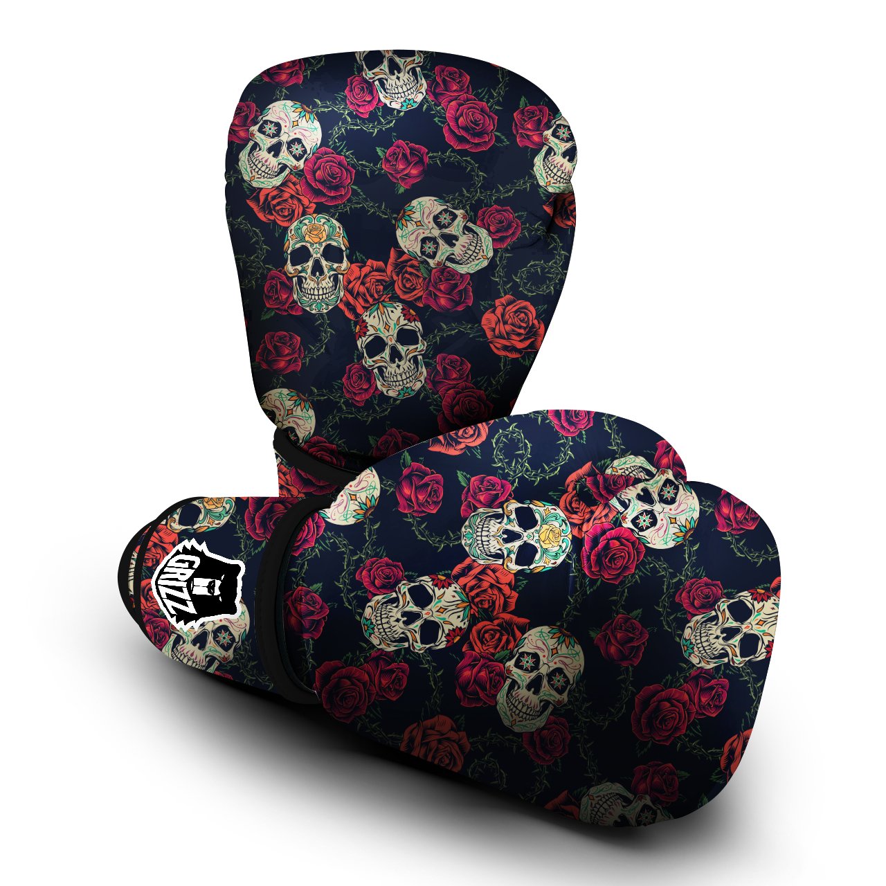 Skull Flowers Vintage Print Pattern Boxing Gloves-grizzshop