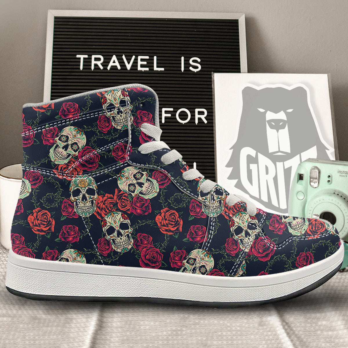 Skull Flowers Vintage Print Pattern High Top Sneakers-grizzshop