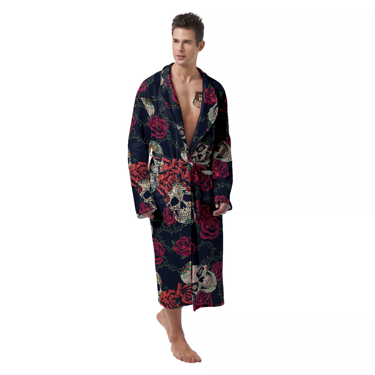 Skull Flowers Vintage Print Pattern Men's Robe-grizzshop