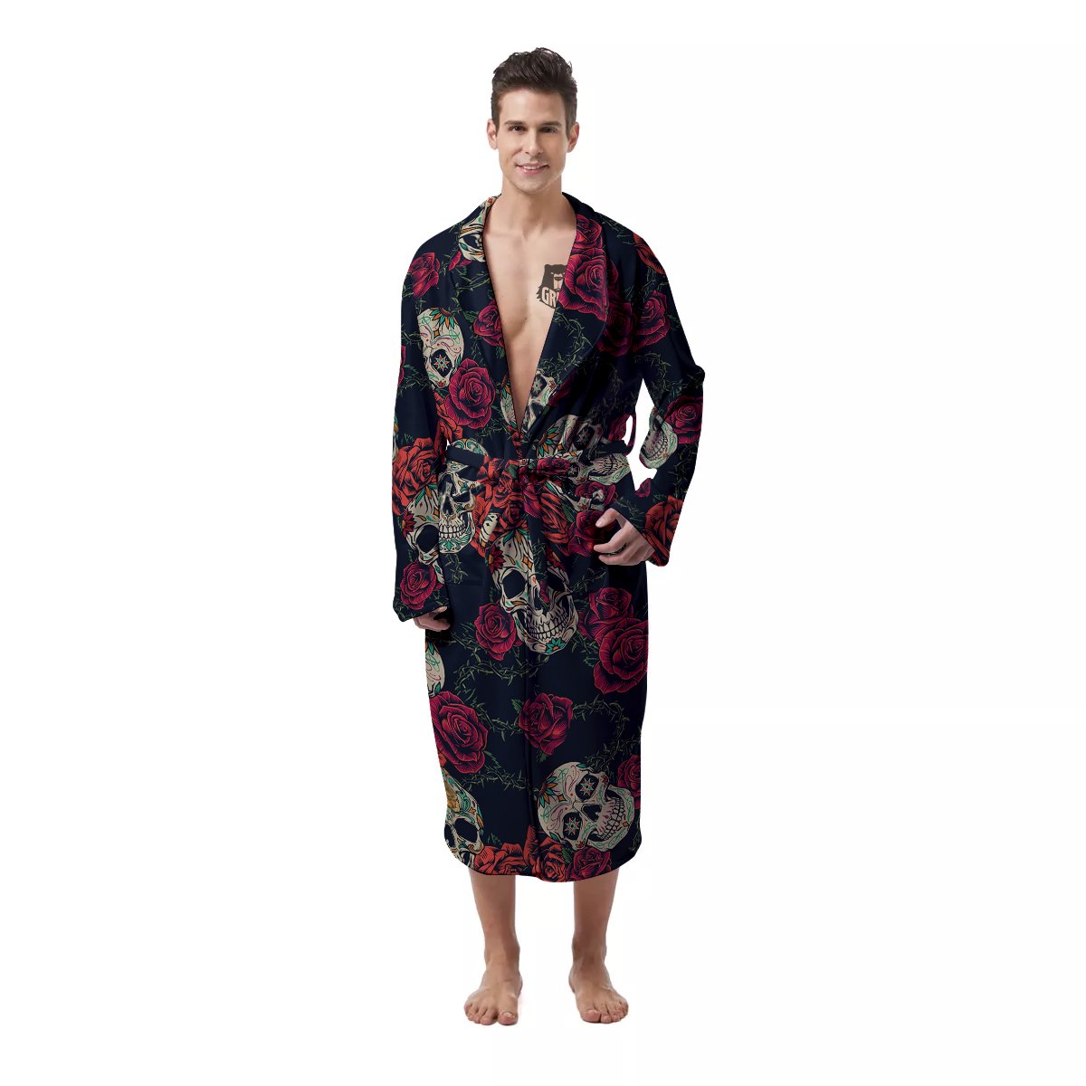 Skull Flowers Vintage Print Pattern Men's Robe-grizzshop