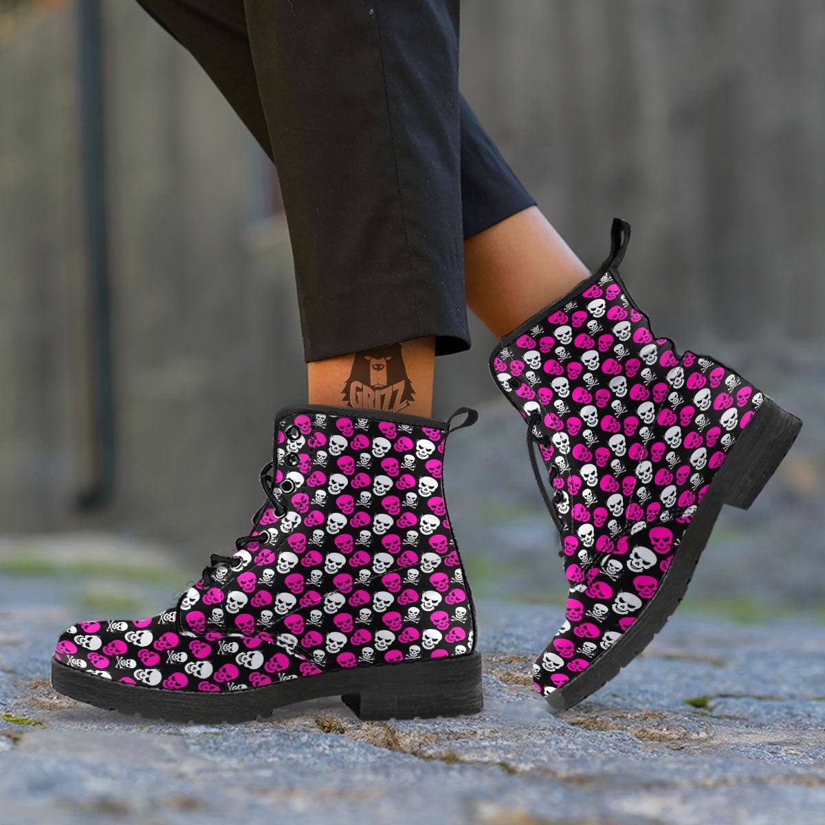 Skull Girly Emo Print Pattern Leather Boots-grizzshop
