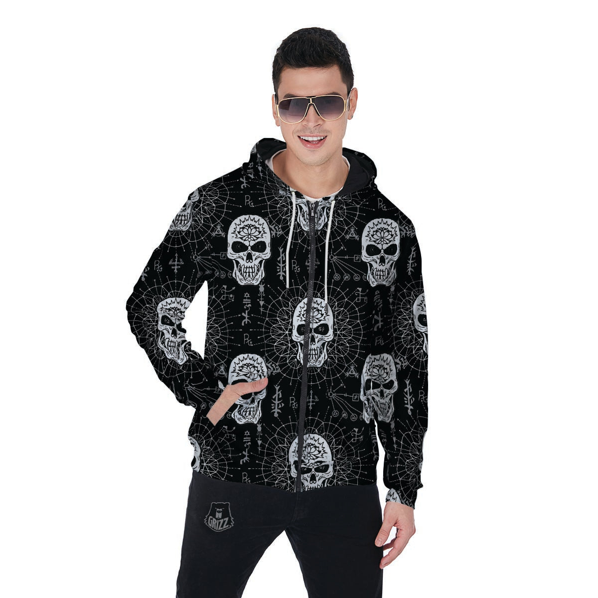 Skull Gothic Witch Men's Zip Up Hoodie-grizzshop