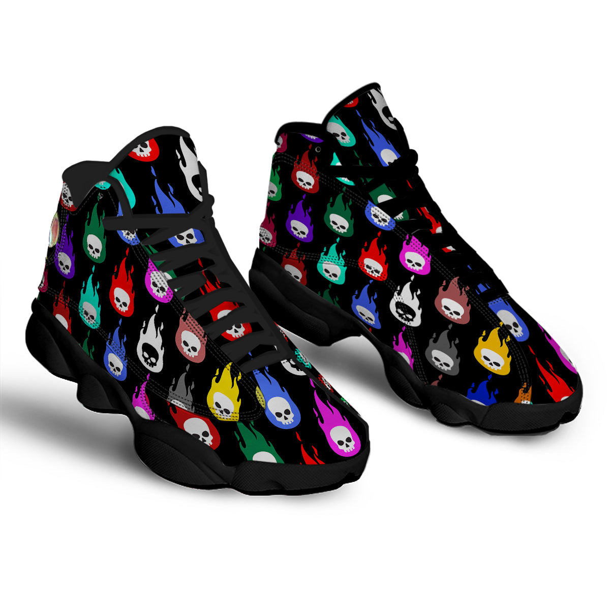Skull Head Fire Colorful Print Pattern Black Basketball Shoes-grizzshop