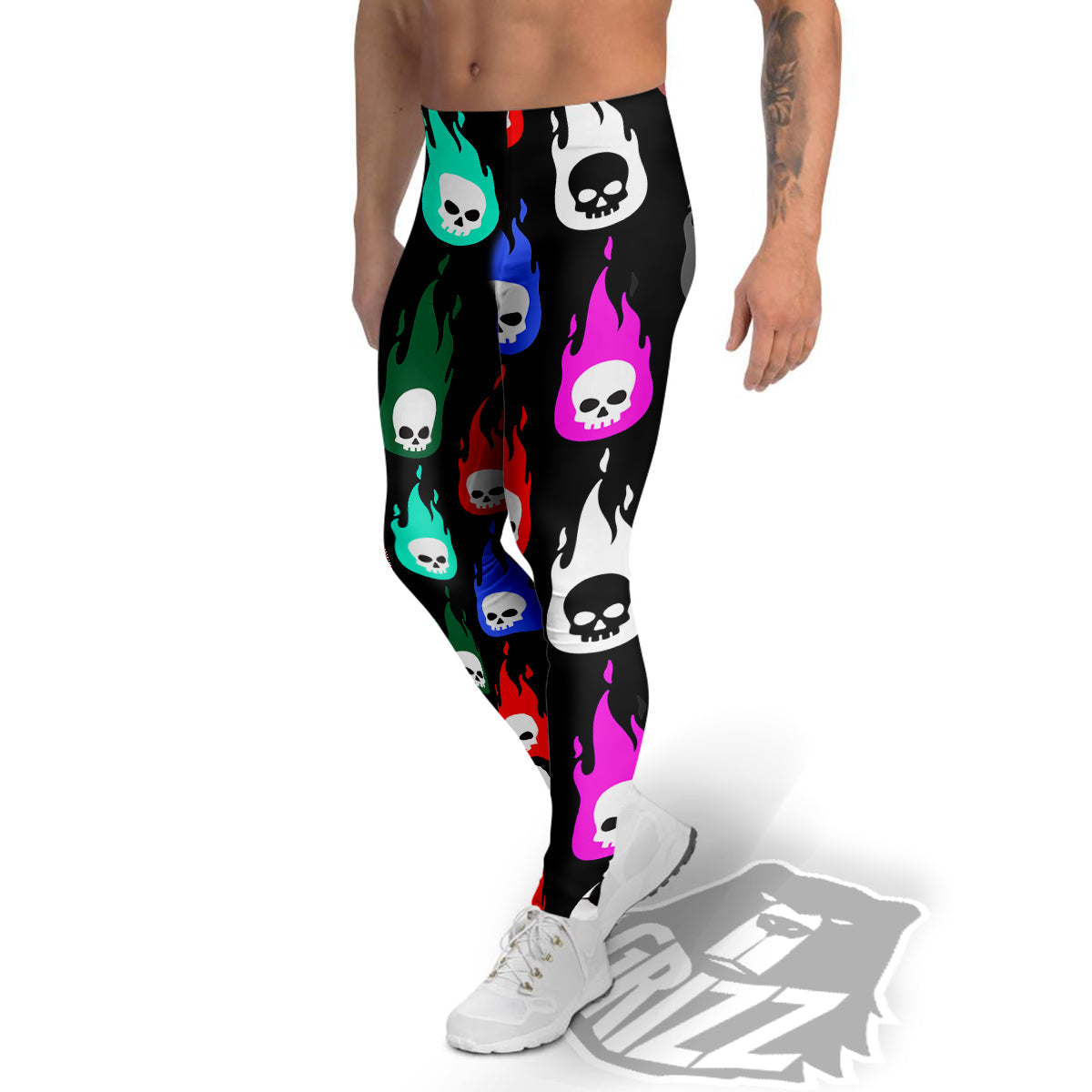 Skull Head Fire Colorful Print Pattern Men's Leggings-grizzshop