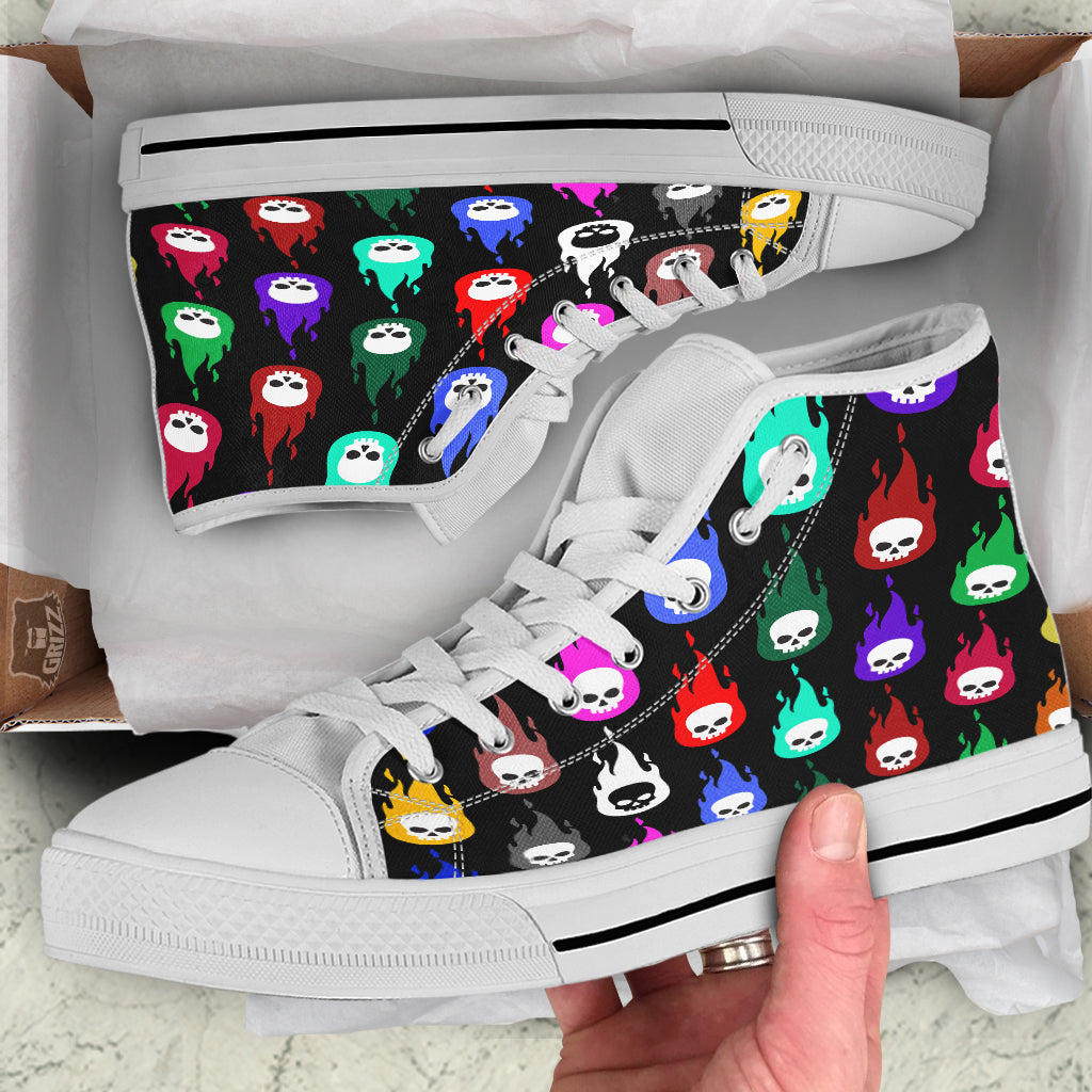 Skull Head Fire Colorful Print Pattern White High Top Shoes-grizzshop