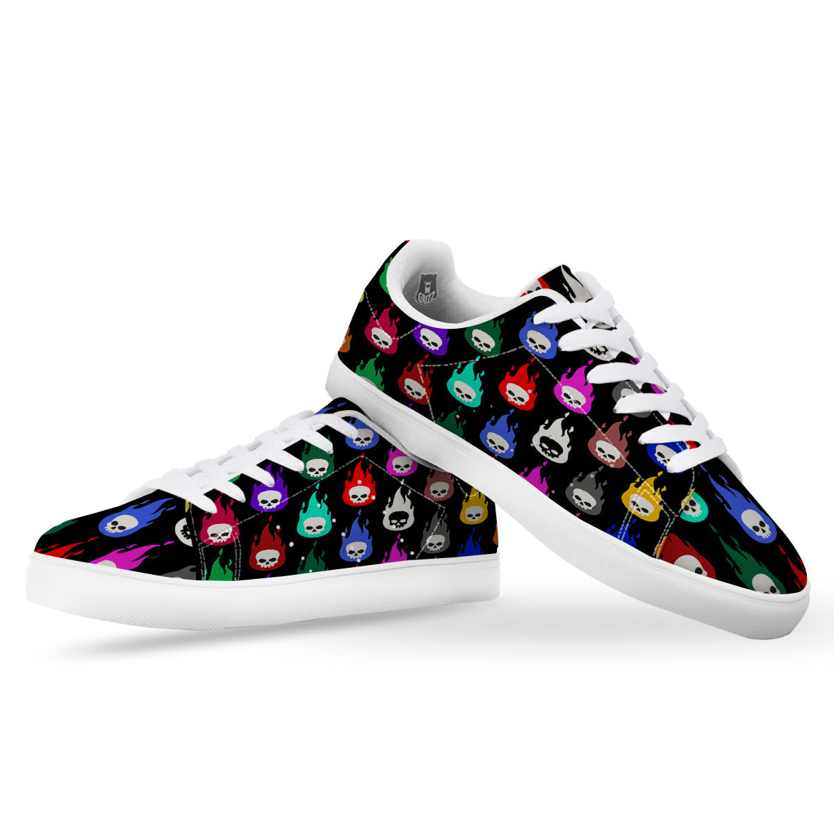 Skull Head Fire Colorful Print Pattern White Low Top Sneakers-grizzshop