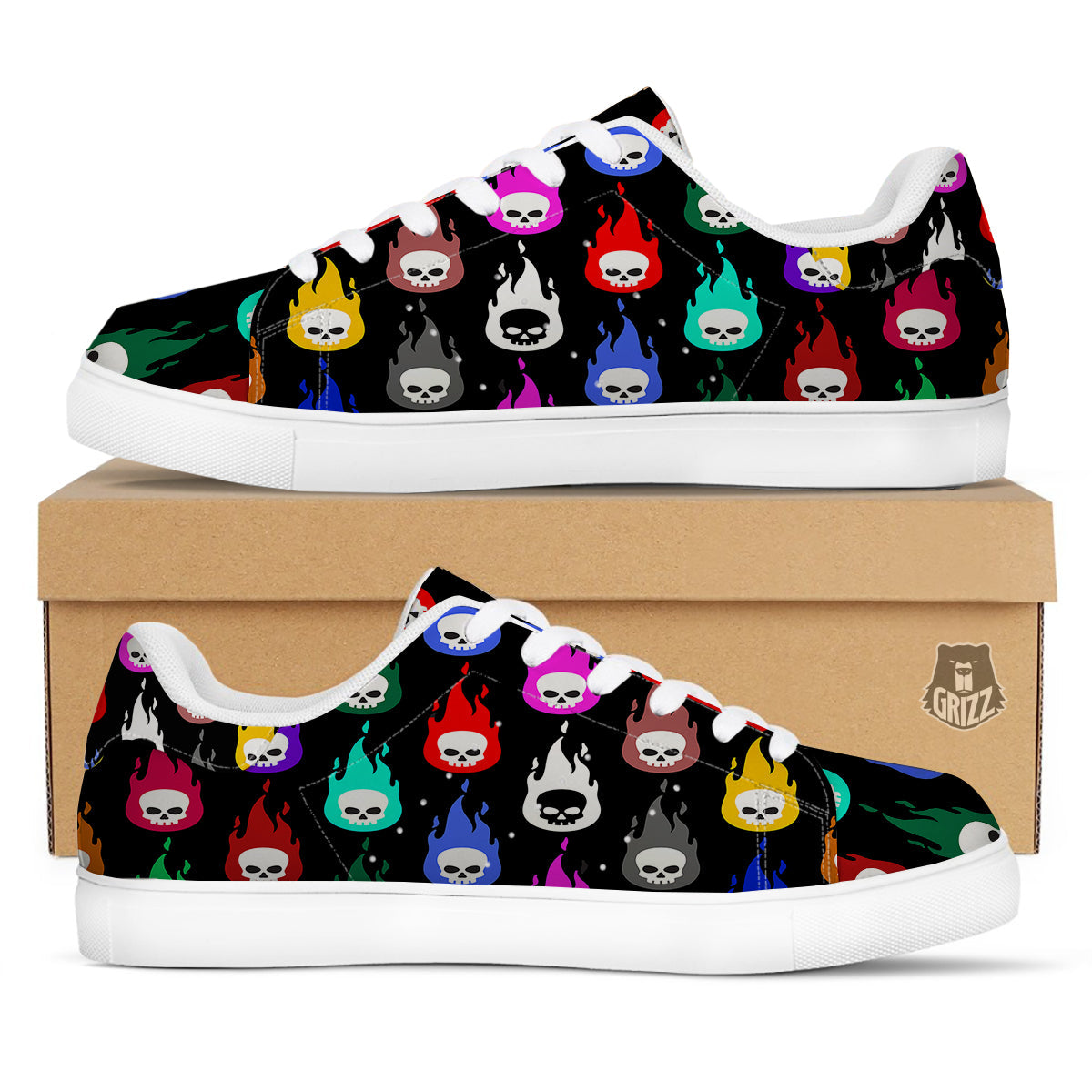 Skull Head Fire Colorful Print Pattern White Low Top Sneakers-grizzshop