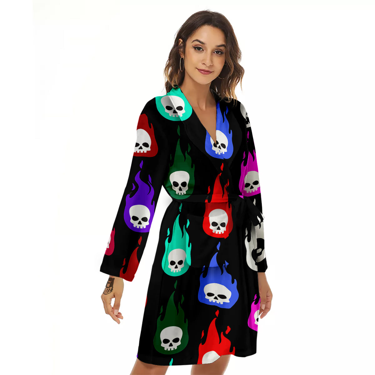 Skull Head Fire Colorful Print Pattern Women's Robe-grizzshop