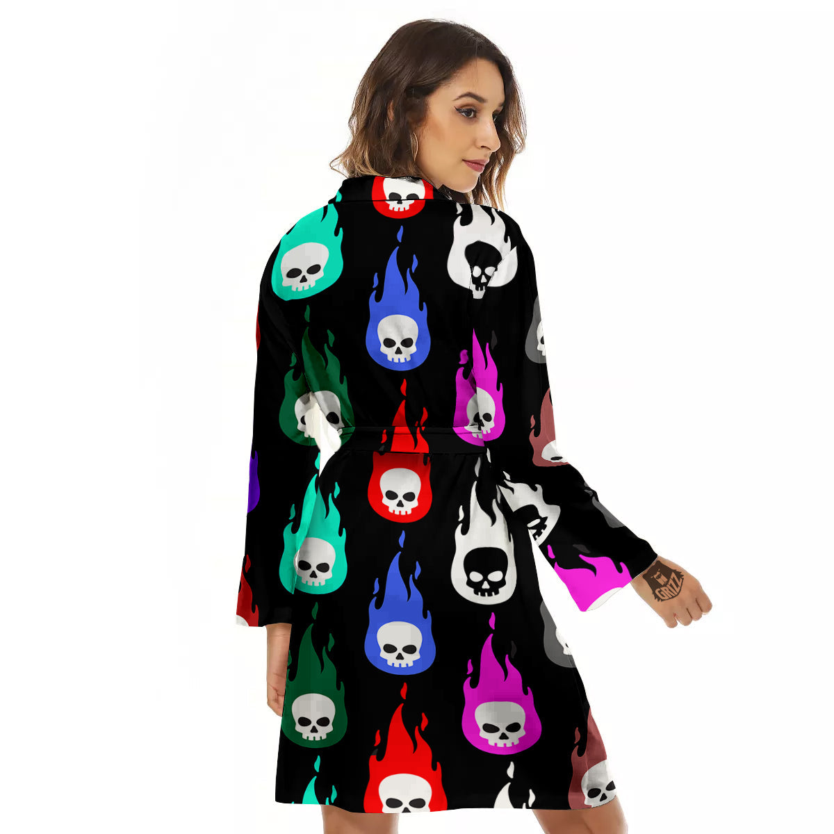 Skull Head Fire Colorful Print Pattern Women's Robe-grizzshop