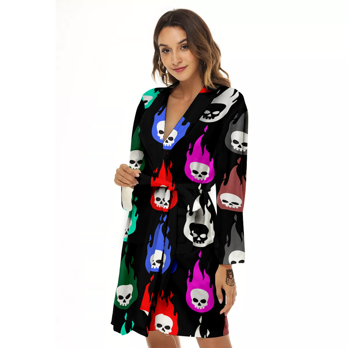 Skull Head Fire Colorful Print Pattern Women's Robe-grizzshop