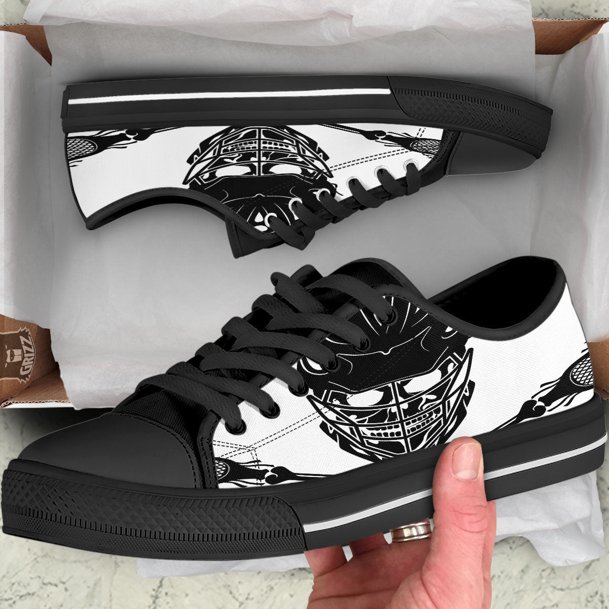 Skull Lacrosse Print Black Low Top Shoes-grizzshop