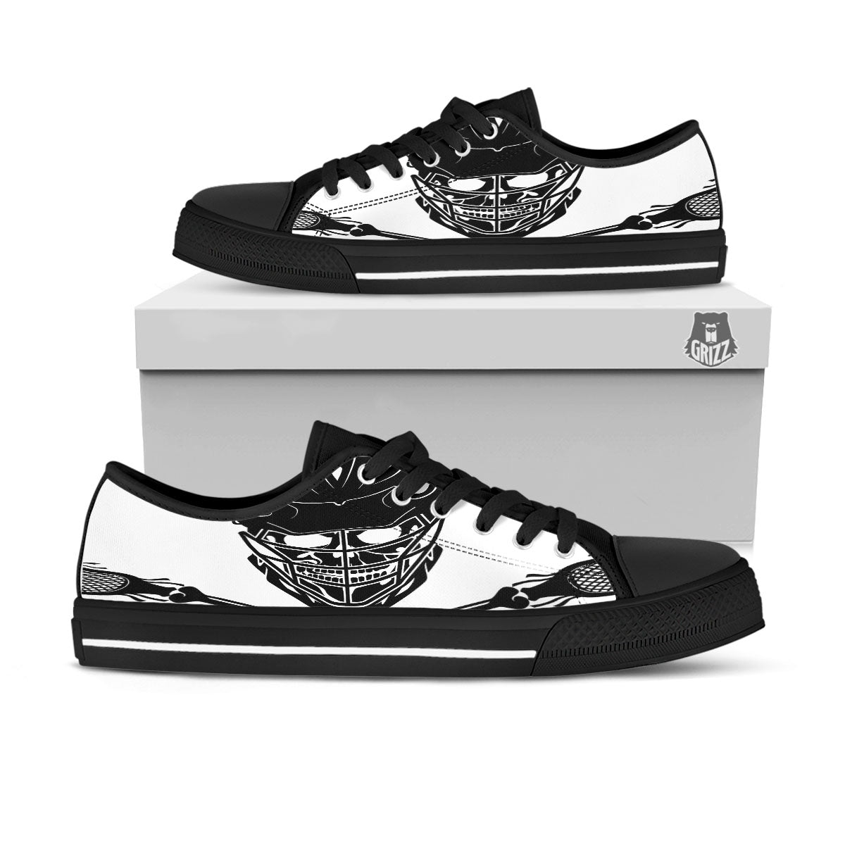 Skull Lacrosse Print Black Low Top Shoes-grizzshop