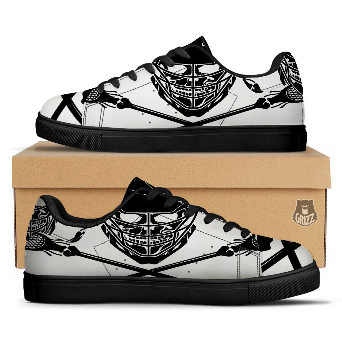 Skull Lacrosse Print Black Low Top Sneakers-grizzshop