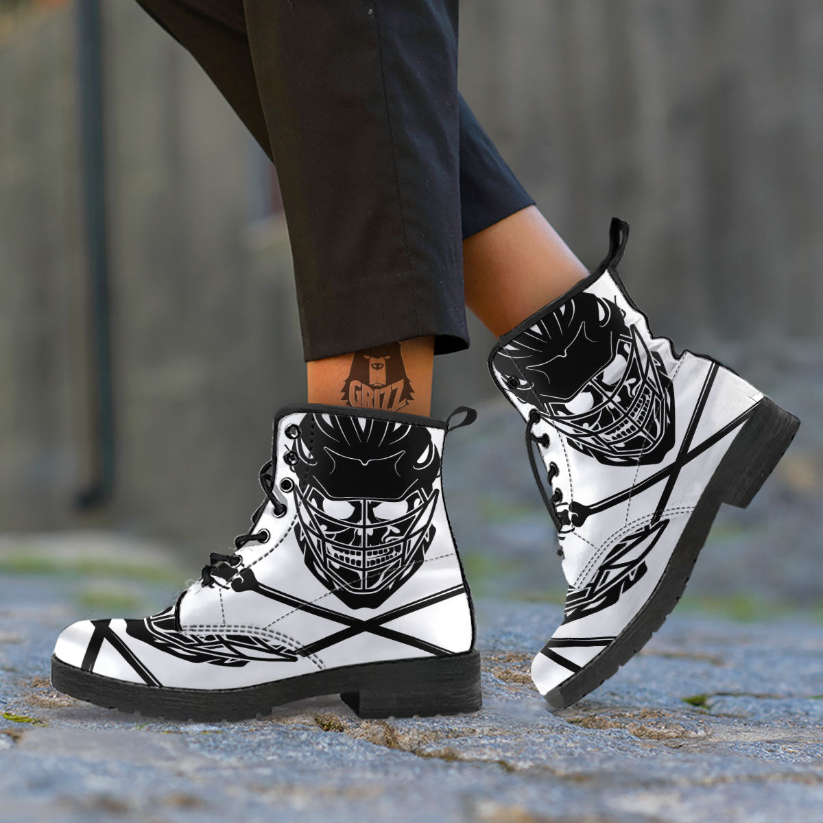 Skull Lacrosse Print Leather Boots-grizzshop