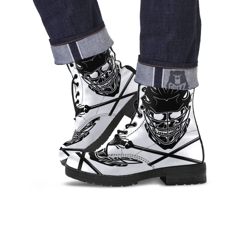 Skull Lacrosse Print Leather Boots-grizzshop