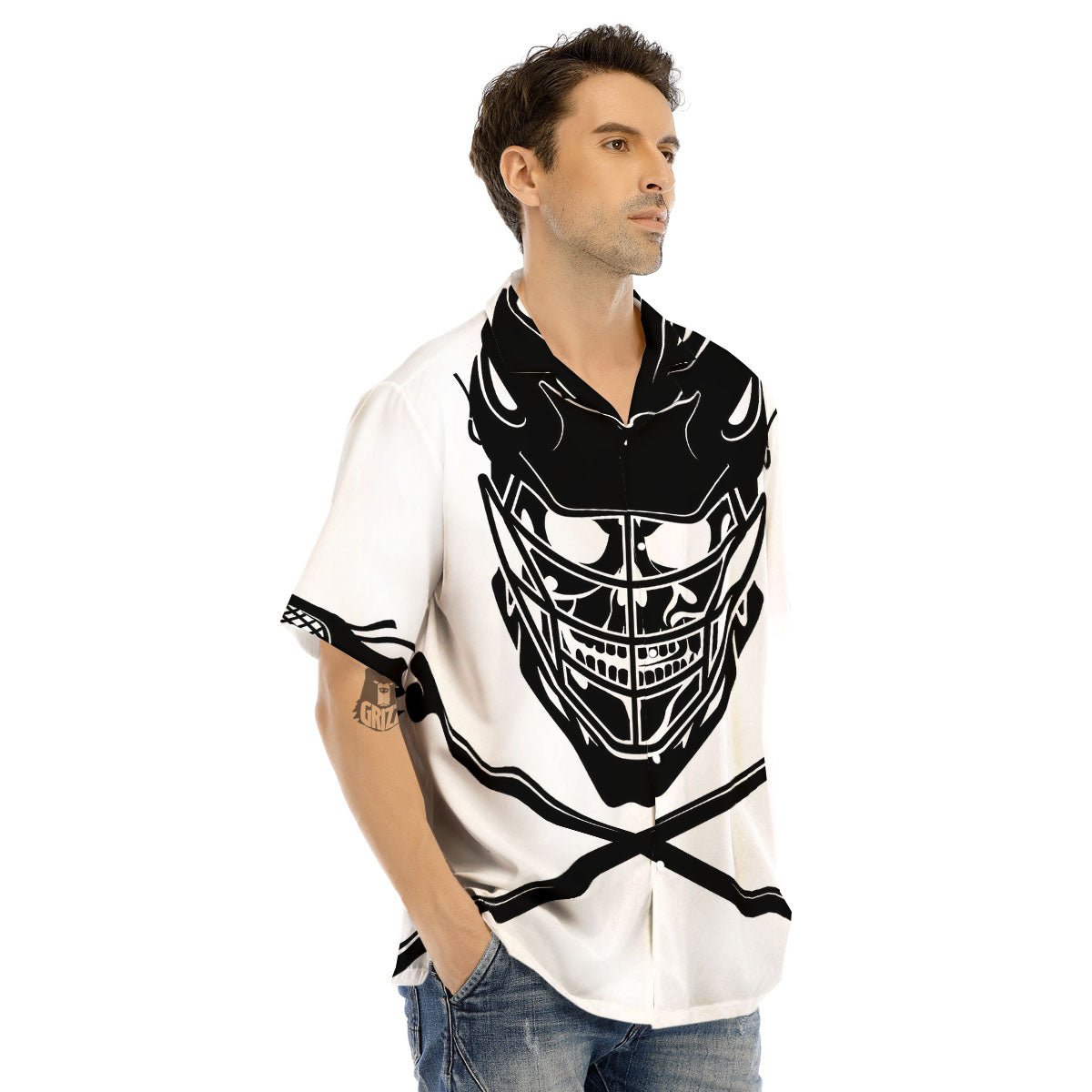 Skull Lacrosse Print Men's Hawaiian Shirt-grizzshop